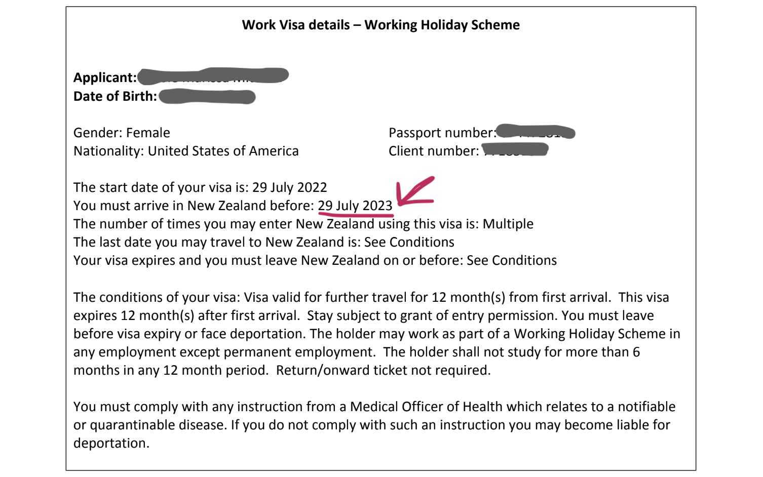 A screenshot of a Working Holiday Visa approval letter for New Zealand.